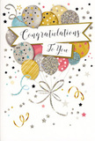 The artwork on this congratulations card unfolds like a gentle burst of festivity, as if someone has captured the feeling of a surprise celebration in Mottingham and distilled it into ink, colour, and metallic shimmer. At the heart of the design floats a rounded bouquet of balloons, their shapes overlapping in a soft, cloud-like cluster. The colour palette is refined and uplifting: warm golds, cool silvers, champagne tones, sky blue, blush pink, and misty grey all mingle together, each balloon embellished with its own pattern of stripes, stars, dots, or delicate glitter. Highlights and shading give them the illusion of volume, as though they could drift above the rooftops near Mottingham rail station. Slender ribbons, drawn in looping lines of gold and silver, trail from the base of the balloons, curling and weaving like the graceful stems of a florist's hand-tied arrangement. Across the centre, a flowing banner gently arcs, bearing a handwritten-style message of 'Congratulations To You' that feels heartfelt and sincere, rather than showy. Surrounding this focal point, the background is softly illuminated with pastel tones scattered with tiny metallic stars, whirls of faux confetti, and playful swirls that suggest music and laughter lingering in the air after guests have gone home. The overall impression is one of buoyant pride and tender joy-a design perfectly suited to celebrating graduations, work promotions, or special achievements close to home. Paired with a fresh bouquet delivered locally, this card would let someone in Mottingham feel truly seen and celebrated at one of life's high points.